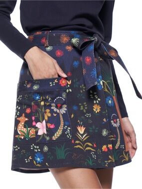 Tie-Waist Mini Skirt with Colorful Floral & Fauna Print - Navy runs small